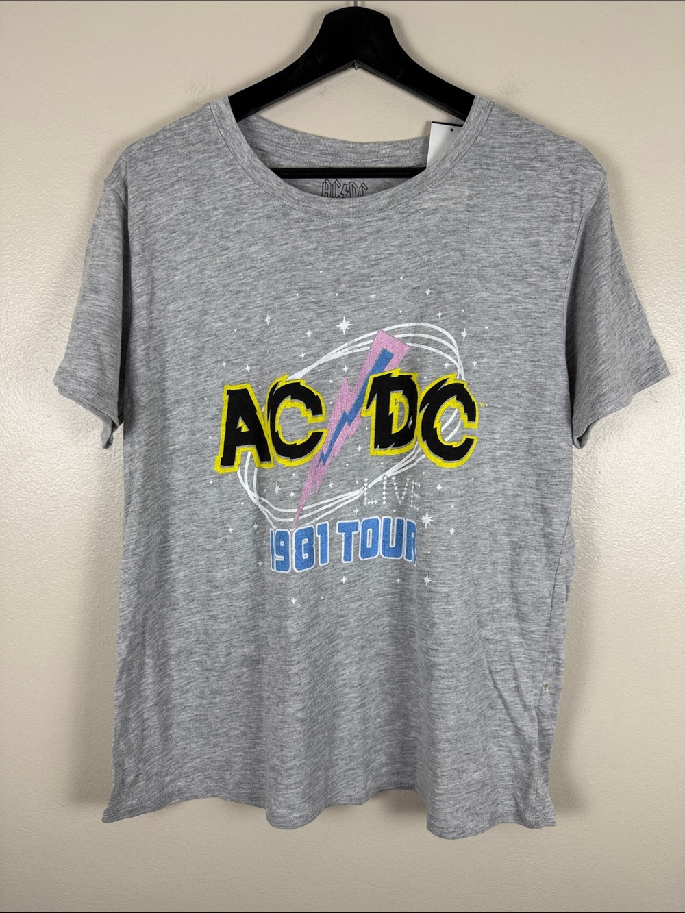 AC/DC Grey Tee with Yellow, Pink & Blue Graphic. XL